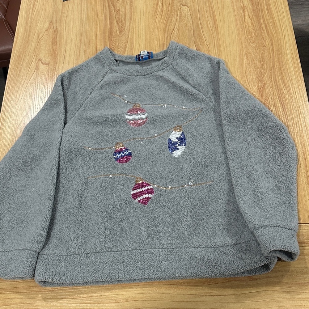 Cozy Gray Sweater with Ornament Design Rockin around size M
